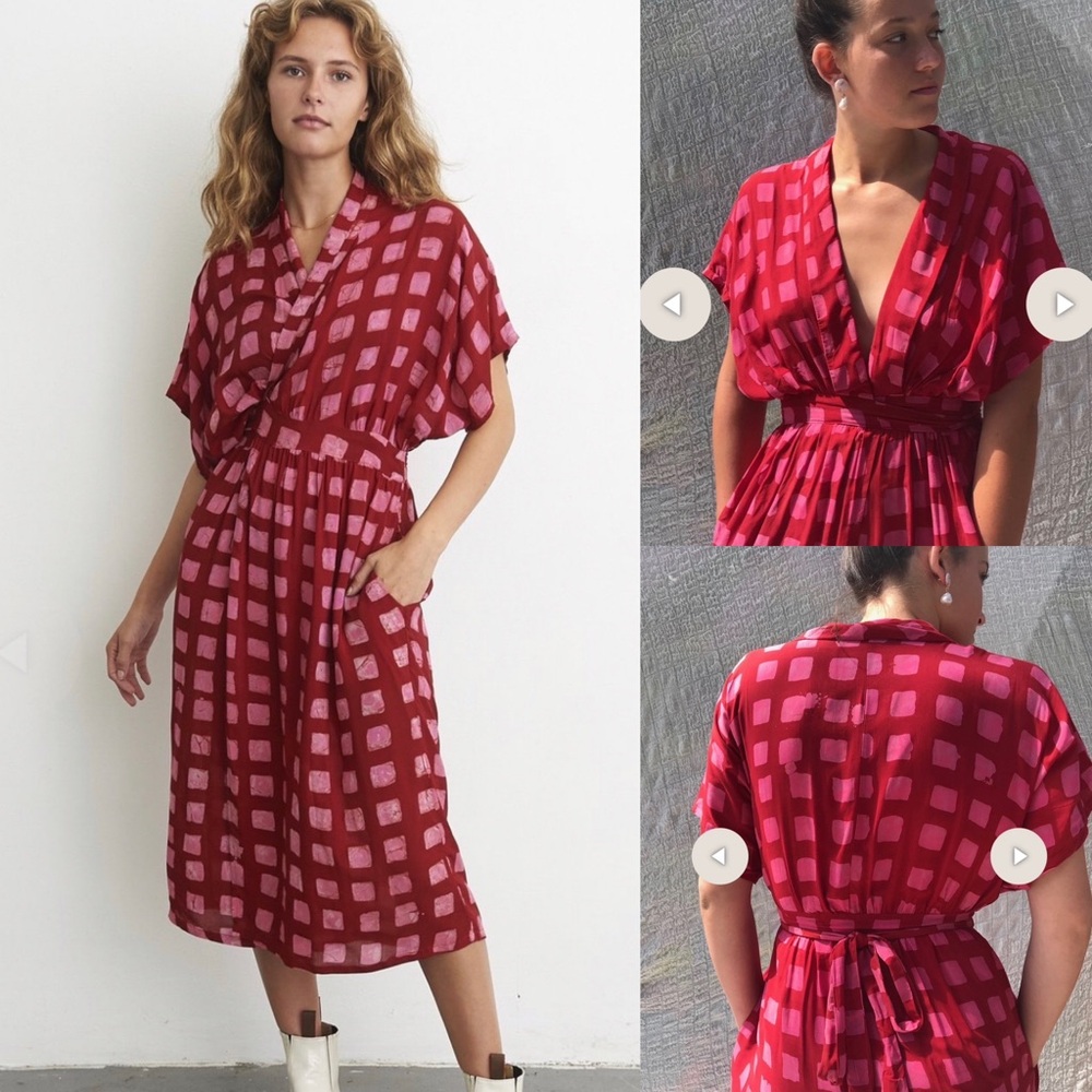 Checked V-Neck Midi Dress in Pink and Red
